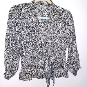 NWT Animal Print Blouse Open Front Smocked Peplum Front Tie Size Large